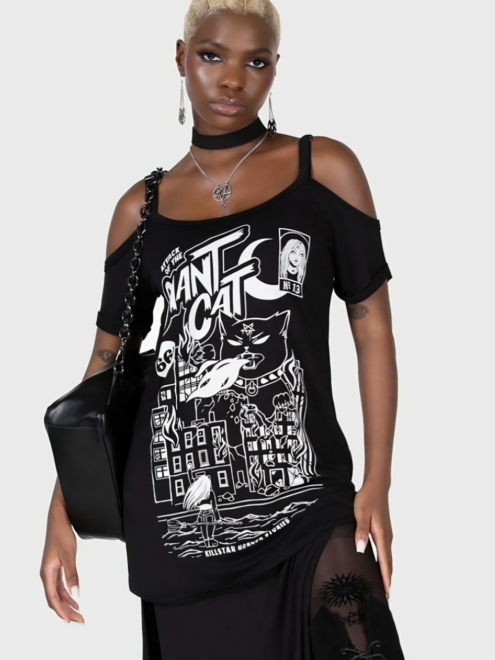 Killstar Attack Of The Giant Cat Cold Shoulder Long Short Sleeve Top